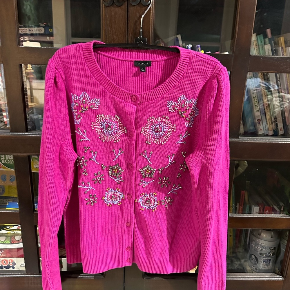 Talbots Vibrant Pink Beaded Floral Cardigan
